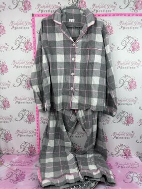 BedHead set pj cotton grey & White Plaid Pajama Set with Pink Trim